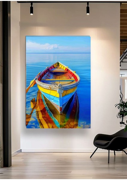 Mavi Deniz ve Renkli Kayık Kanvas Tablo – Doğa Manzara Ev Ofis Dekorasyonu