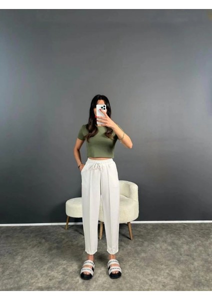 Kadın Beyaz Renk Beli Lastikli Modal Kumaş Çımalı Bilek Pantolon Yumuşak Dokulu Şık Bağcıklı Pantolon