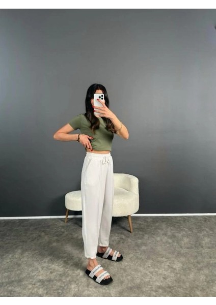 Kadın Beyaz Renk Beli Lastikli Modal Kumaş Çımalı Bilek Pantolon Yumuşak Dokulu Şık Bağcıklı Pantolon fiyatları