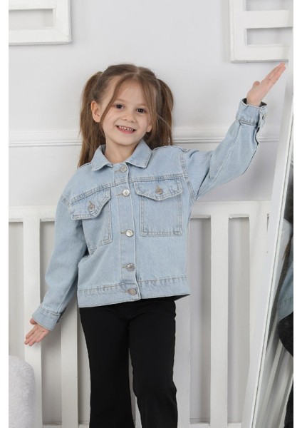 Kız Çocuk Nakış ve Taş Işlemeli Sevimli Karakterli Kot Ceket-Kot Mont