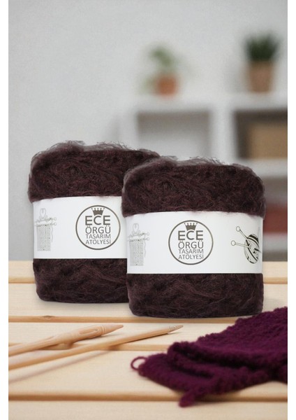 Mürdüm Rengi, Bol Tüylü, Kalın, Moher Yün Örgü Ipi (200 Gr.)