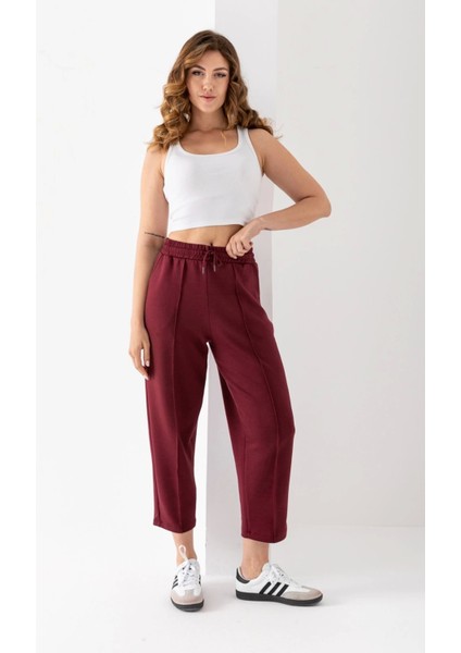 Kadın Bordo Renk Beli Lastikli Modal Kumaş Çımalı Bilek Pantolon Yumuşak Dokulu Şık Bağcıklı Pantolon fiyatları