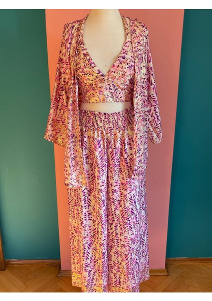 Işıltılı Yaldızlı Ipek 3’lü Takım – Kimono + Palazzo Pantolon + Bağlamalı Büstiyer (36-48) fiyatları