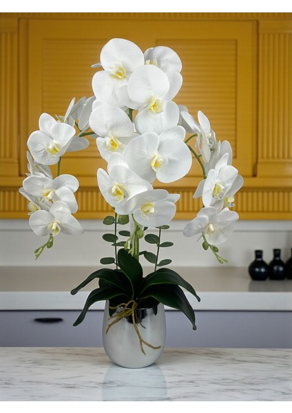 Yapay Çiçek Beyaz Islak Orkide 3 Dallı Lüks Gümüş Metal Saksıda 55 cm Dekoratif Hediye Salon Çiçeği