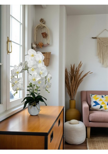 Yapay Çiçek Beyaz Islak Orkide 3 Dallı Lüks Gümüş Metal Saksıda 55 cm Dekoratif Hediye Salon Çiçeği fiyatları