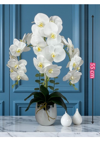 Yapay Çiçek Beyaz Islak Orkide 3 Dallı Lüks Gümüş Metal Saksıda 55 cm Dekoratif Hediye Salon Çiçeği fırsatları