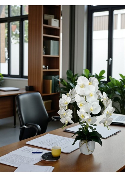 Yapay Çiçek Beyaz Islak Orkide 3 Dallı Lüks Gümüş Metal Saksıda 55 cm Dekoratif Hediye Salon Çiçeği indirimleri