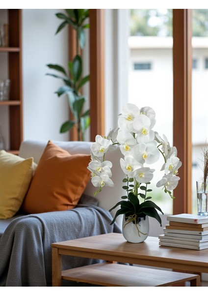 Yapay Çiçek Beyaz Islak Orkide 3 Dallı Lüks Gümüş Metal Saksıda 55 cm Dekoratif Hediye Salon Çiçeği