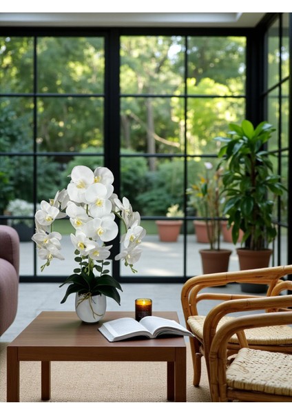 Yapay Çiçek Beyaz Islak Orkide 3 Dallı Lüks Gümüş Metal Saksıda 55 cm Dekoratif Hediye Salon Çiçeği
