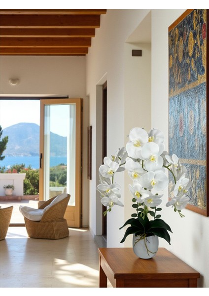 Yapay Çiçek Beyaz Islak Orkide 3 Dallı Lüks Gümüş Metal Saksıda 55 cm Dekoratif Hediye Salon Çiçeği
