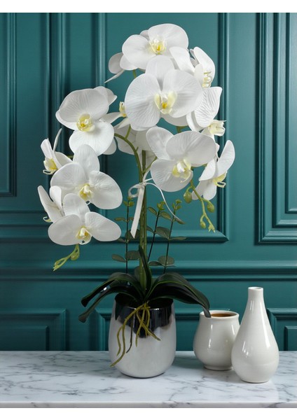 Yapay Çiçek Beyaz Islak Orkide 2 Dallı Lüks Gümüş Metal Saksıda 55 cm Dekoratif Hediye Çiçek Salon Çiçeği