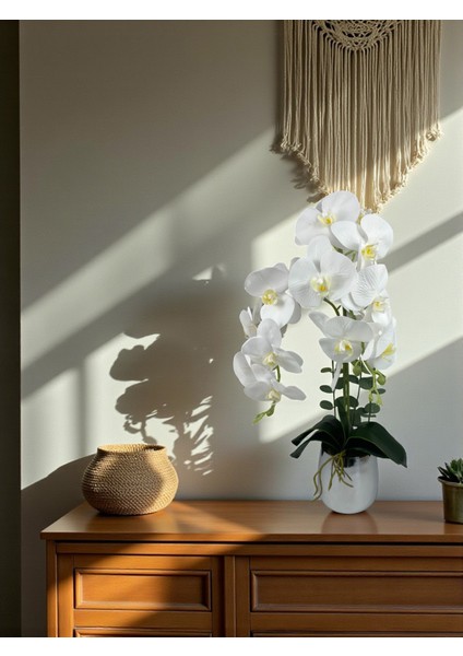 Yapay Çiçek Beyaz Islak Orkide 2 Dallı Lüks Gümüş Metal Saksıda 55 cm Dekoratif Hediye Çiçek Salon Çiçeği fiyatları