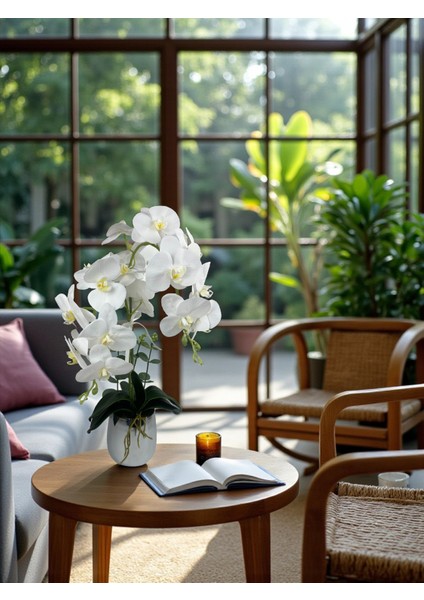 Yapay Çiçek Beyaz Islak Orkide 2 Dallı Lüks Gümüş Metal Saksıda 55 cm Dekoratif Hediye Çiçek Salon Çiçeği modelleri
