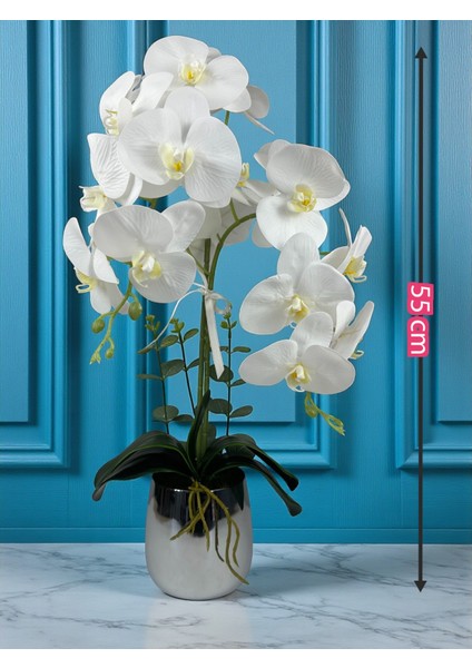 Yapay Çiçek Beyaz Islak Orkide 2 Dallı Lüks Gümüş Metal Saksıda 55 cm Dekoratif Hediye Çiçek Salon Çiçeği fırsatları