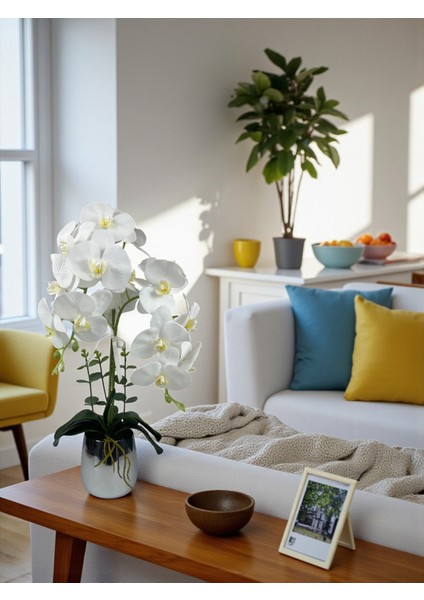 Yapay Çiçek Beyaz Islak Orkide 2 Dallı Lüks Gümüş Metal Saksıda 55 cm Dekoratif Hediye Çiçek Salon Çiçeği indirimleri