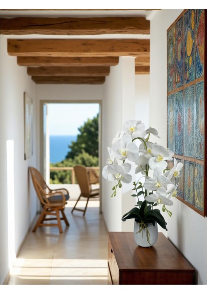 Yapay Çiçek Beyaz Islak Orkide 2 Dallı Lüks Gümüş Metal Saksıda 55 cm Dekoratif Hediye Çiçek Salon Çiçeği