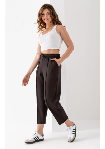 Kadın Kahverengi Beli Lastikli Modal Kumaş Çımalı Bilek Pantolon Yumuşak Dokulu Şık Bağcıklı Pantolon fiyatları