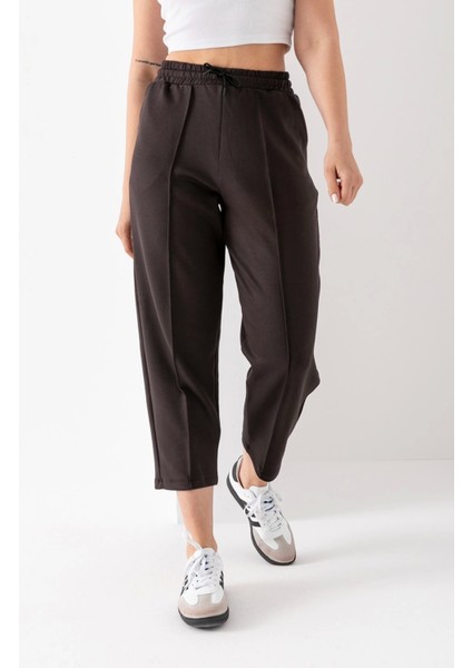 Kadın Kahverengi Beli Lastikli Modal Kumaş Çımalı Bilek Pantolon Yumuşak Dokulu Şık Bağcıklı Pantolon modelleri