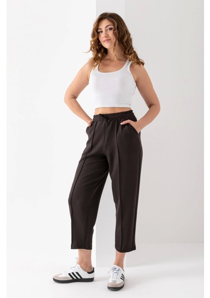 Kadın Kahverengi Beli Lastikli Modal Kumaş Çımalı Bilek Pantolon Yumuşak Dokulu Şık Bağcıklı Pantolon fırsatları