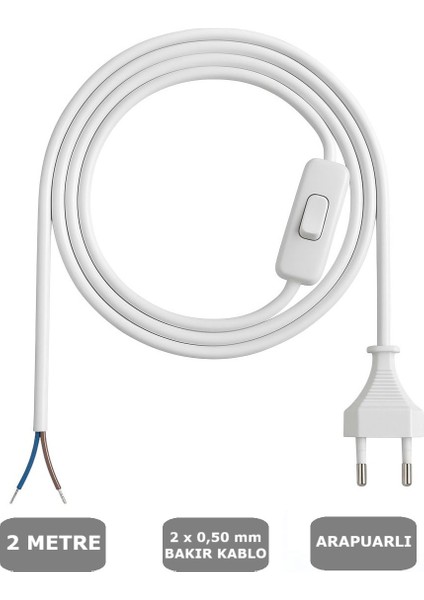 Fişli Arapuarlı Kablo (Yassı)- Anahtarlı (2X0,50) Beyaz - 2 Metre