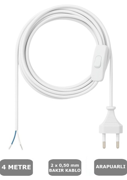 Fişli Arapuarlı Kablo (Yassı)- Anahtarlı (2X0,50) Beyaz - 4 Metre