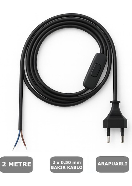 Fişli Arapuarlı Kablo (Yassı)- Anahtarlı (2X0,50) Siyah - 2 Metre
