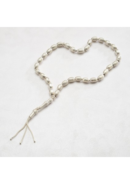 Çizgili Oval Gümüş Tesbih 6mm