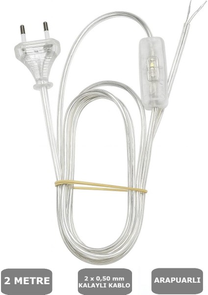 Şeffaf, Fişli Arapuarlı Kablo - Anahtarlı (2X0,50) Yassı Kablo - 2 Metre