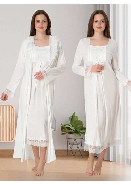Dvina Effortt Lohusa Sabahlıklı Gecelik Takımı Ekru - 3041