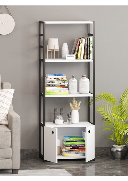Egem Ev Kitaplık 5 Raflı Çok Amaçlı Dosya Kitap Rafı Ofis Salon Rafı 140 cm 2 Kapaklı