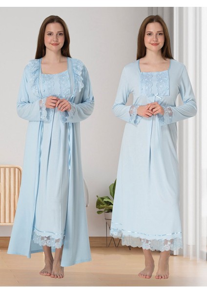 Dvina Effortt Lohusa Sabahlıklı Gecelik Takımı Mavi - 3041