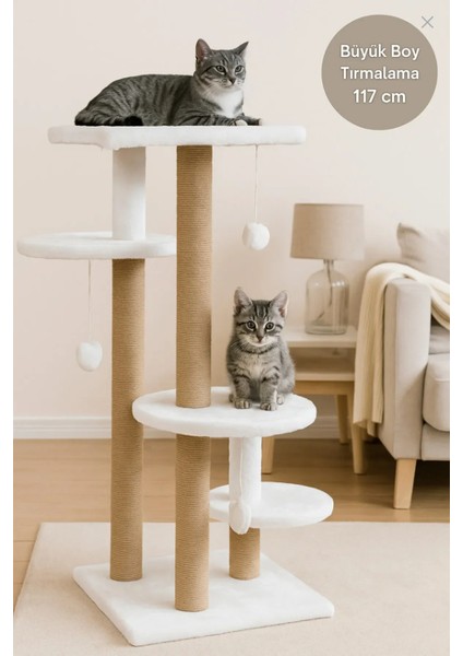 Büyük Boy | 117 cm Çok Katlı Kedi Tırmalama Tahtası | Beyaz Renk | Peluş Kaplama | Modern Tasarım | Kediler Için Oyun, Tırmalama, Dinlenme ve Yatak Alanı Sunan Dayanıklı ve Şık Kedi Mobilyası