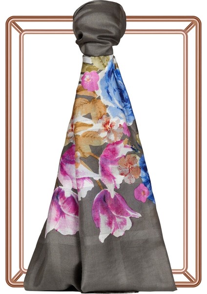 Füme Gül Sepeti Desenli Saten Ipek Şal