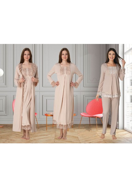 Dvina Effortt Lohusa 4'lü Set - Sabahlık/pijama Takımı/gecelik Bej - 3046