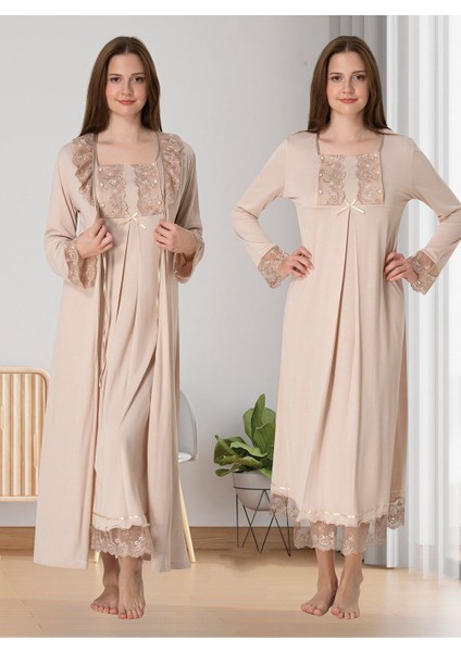 Dvina Effortt Lohusa Sabahlıklı Gecelik Takımı Bej - 3041