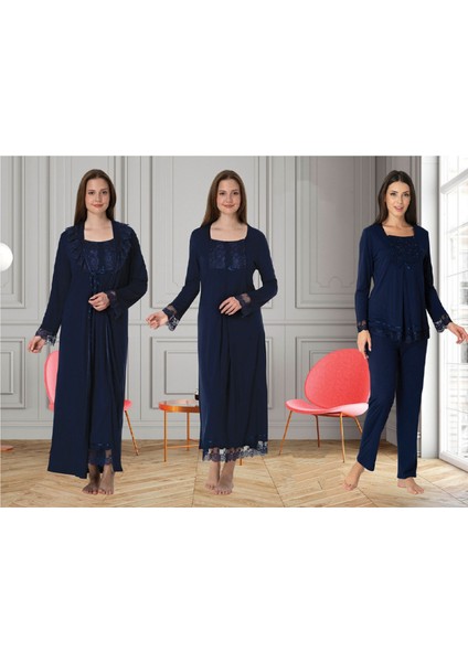 Dvina Effortt Lohusa 4'lü Set - Sabahlık/pijama Takımı/gecelik Lacivert - 3046