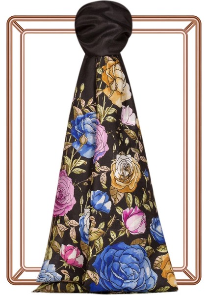 Siyah Gül Tarhı Desenli Saten Ipek Şal