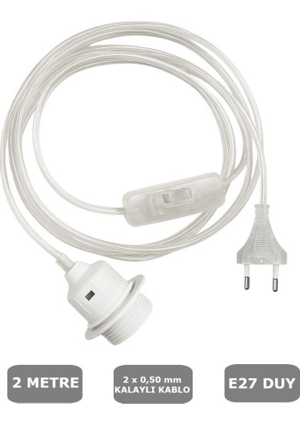 Şeffaf Kablo, E27 Beyaz Duylu, 2 Metre Arapuarlı (Aç Kapat Anahtar) (2X0,50)