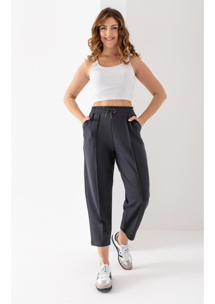 Kadın Füme Beli Lastikli Modal Kumaş Çımalı Bilek Pantolon Yumuşak Dokulu Şık Bağcıklı Pantolon