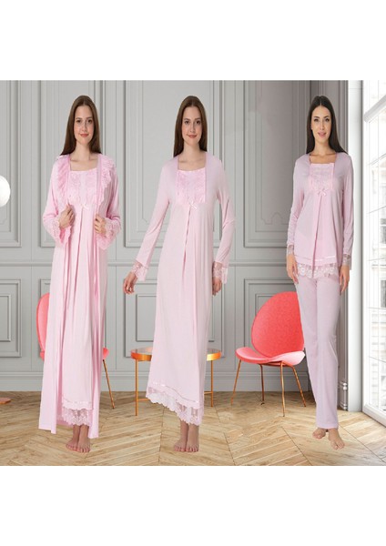 Dvina Effortt Lohusa 4'lü Set - Sabahlık/pijama Takımı/gecelik Pembe - 3046