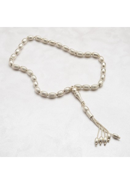 Çizgili Oval Gümüş Tesbih 7mm