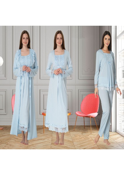 Dvina Effortt Lohusa 4'lü Set - Sabahlık/pijama Takımı/gecelik Mavi - 3046