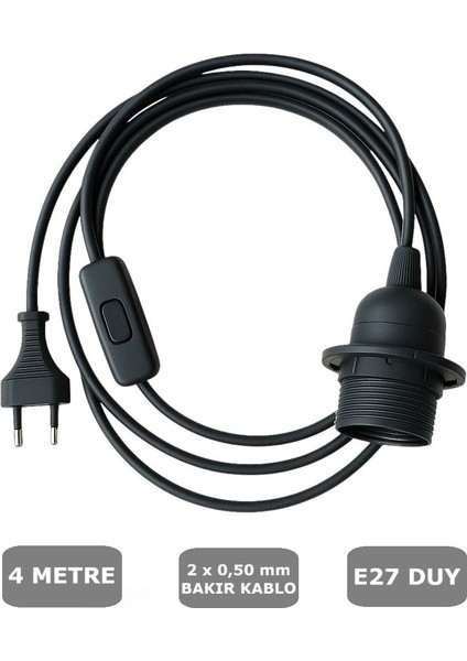 E27 Duylu 4 Metre Arapuarlı (Aç Kapat Anahtar) Fişli Abajur Duyu Seyyar (2X0,50) (Siyah)