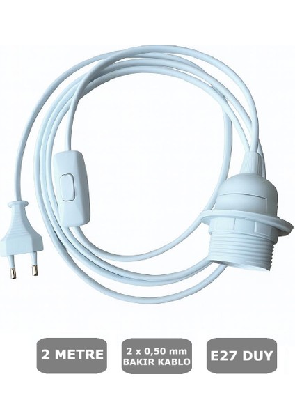 E27 Duylu 2 Metre Arapuarlı (Aç Kapat Anahtar) Fişli Abajur Duyu Seyyar (2X0,50) (Beyaz)