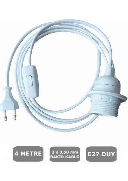 E27 Duylu 4 Metre Arapuarlı (Aç Kapat Anahtar) Fişli Abajur Duyu Seyyar (2X0,50) (Beyaz)