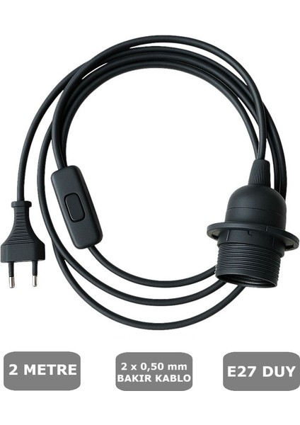 E27 Duylu 2 Metre Arapuarlı (Aç Kapat Anahtar) Fişli Abajur Duyu Seyyar (2X0,50) (Siyah)