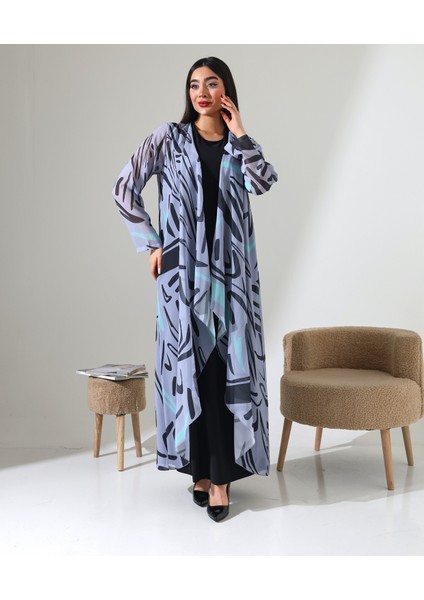 Büyük Beden Şal Yaka Desenli Şifon Hırka