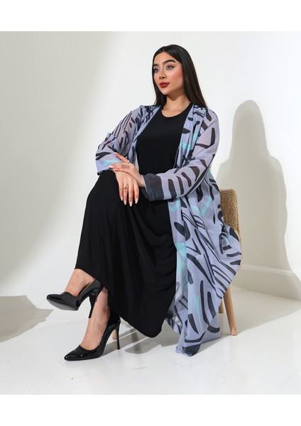 Büyük Beden Şal Yaka Desenli Şifon Hırka