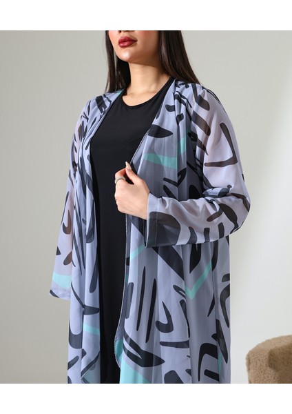 Büyük Beden Şal Yaka Desenli Şifon Hırka