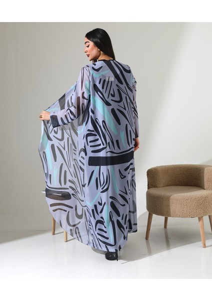 Büyük Beden Şal Yaka Desenli Şifon Hırka